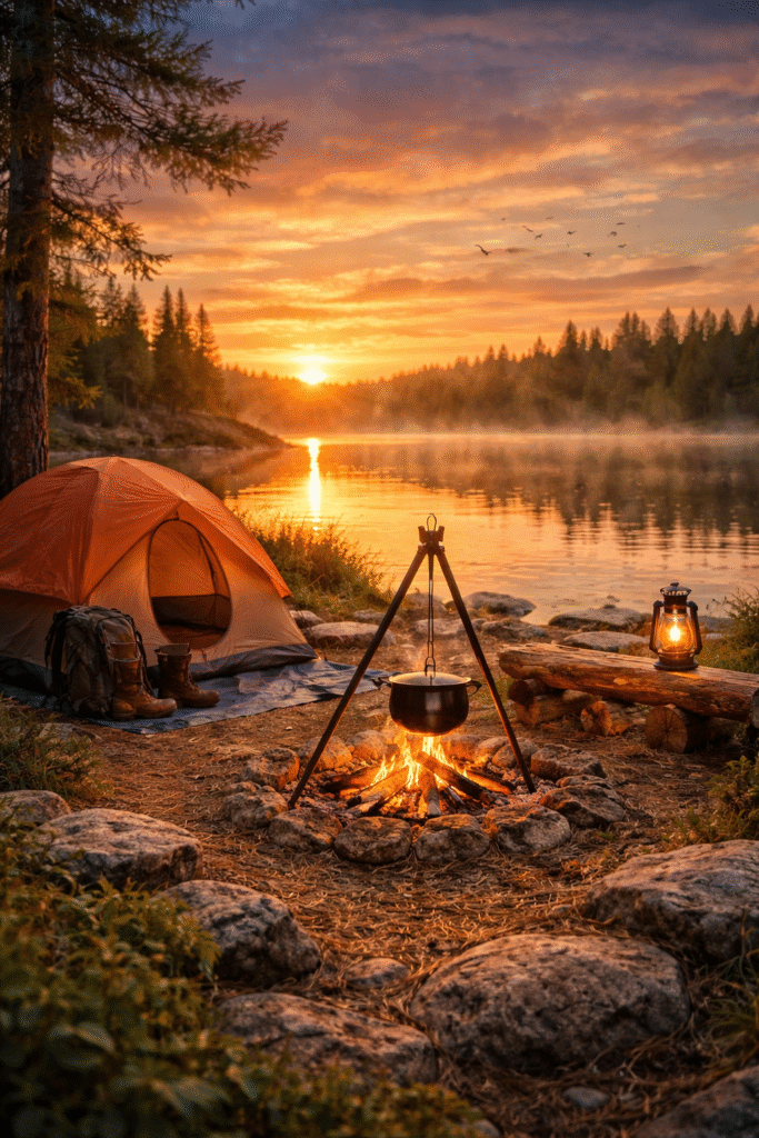 Peaceful lakeside campsite at sunset with tent and campfire
