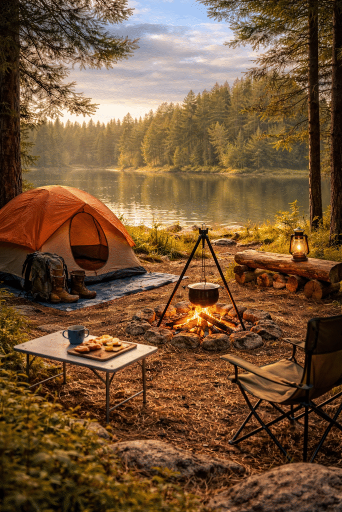 Well-organized campsite with tent, fire pit, and table on level ground