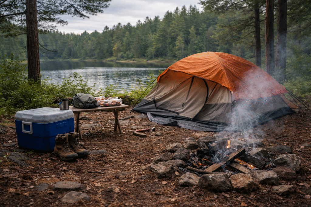 Common Beginner Camping Mistakes (And Why They’re Normal) Simple campsite setup showing everyday camping conditions