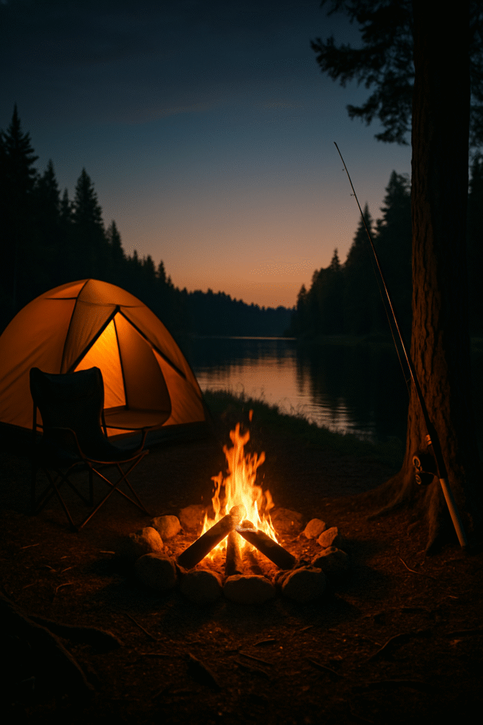 dusk camping by calm lake