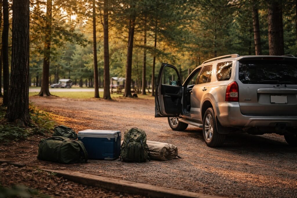 Camping gear unloaded beside a car at a quiet forest campground during early evening