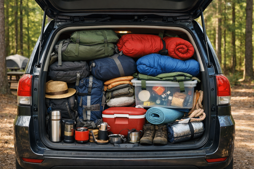 An overpacked car trunk filled with camping gear at a quiet campground, showing a common beginner camping experience.