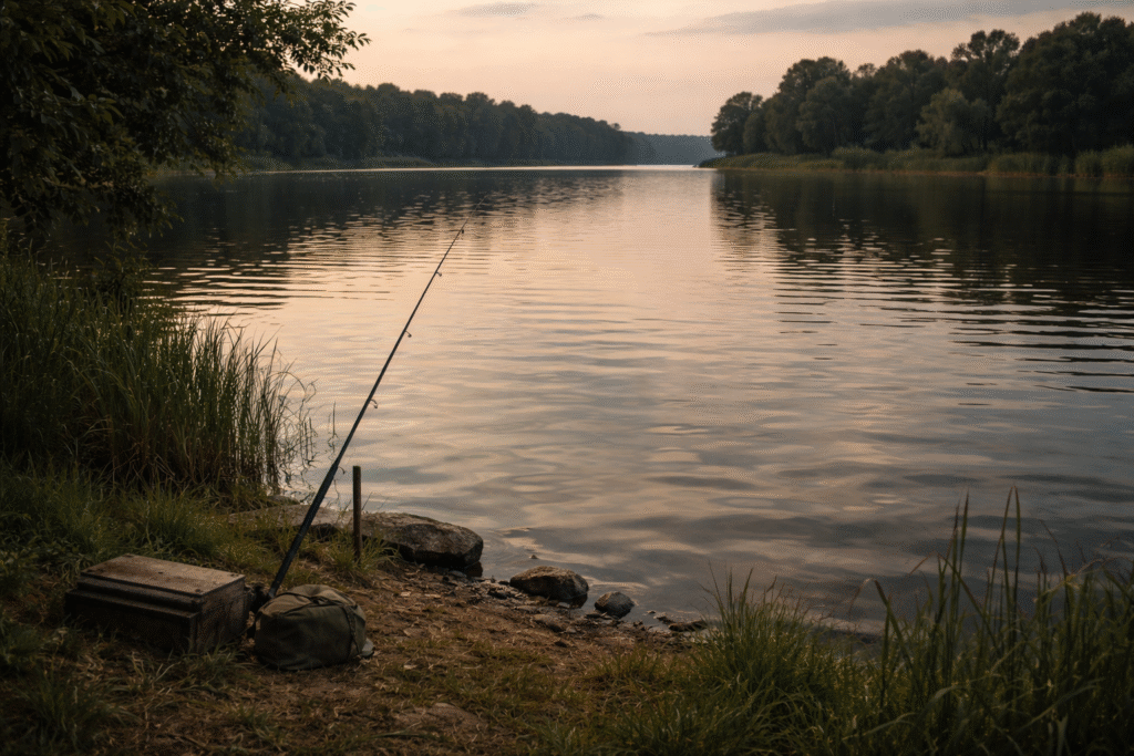 A calm, overlooked freshwater lake in the early evening with a simple fishing rod resting near the shoreline, reflecting a quiet and familiar fishing spot.