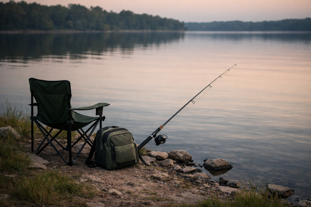 Quiet freshwater shoreline with a fishing rod resting near the water, an empty folding chair, and a simple tackle backpack, reflecting patience and stillness while bank fishing.
