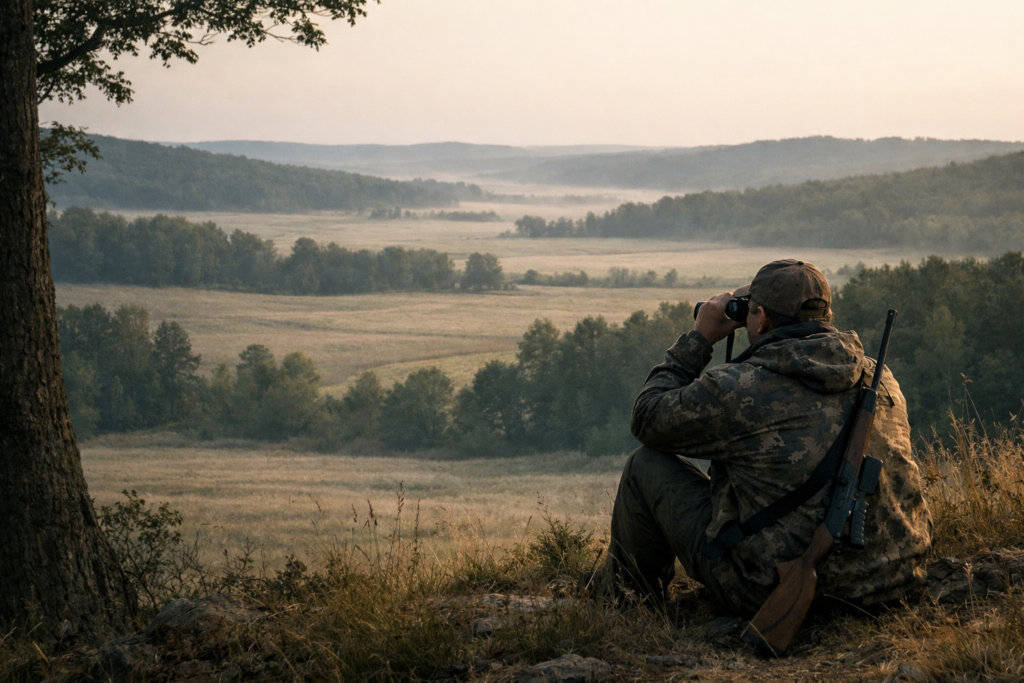 Hunter glassing a quiet landscape from a wooded ridge during early season, emphasizing patience and decision-making over action