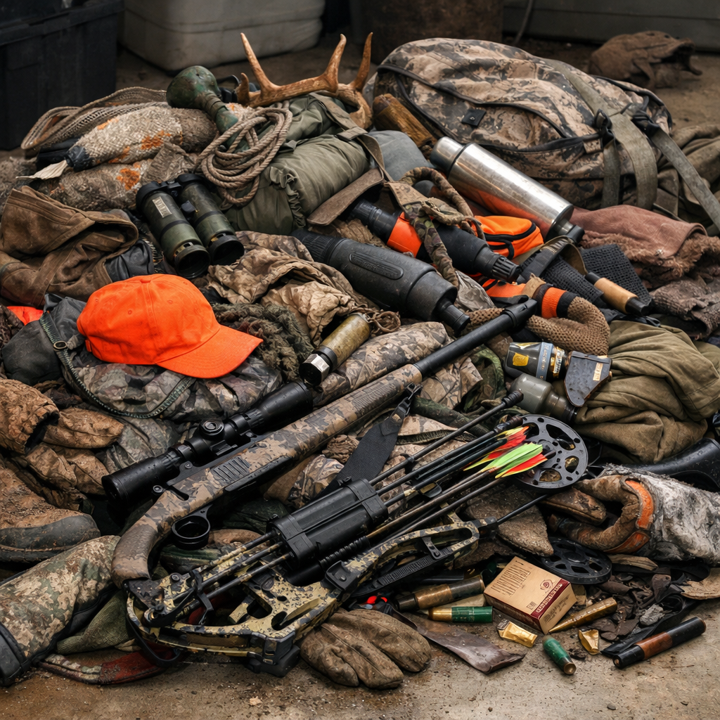What to Do After Hunting Season Ends (So You’re Ready Next Year) Pile of hunting gear spread across a garage floor at the end of the season before cleaning and storage.