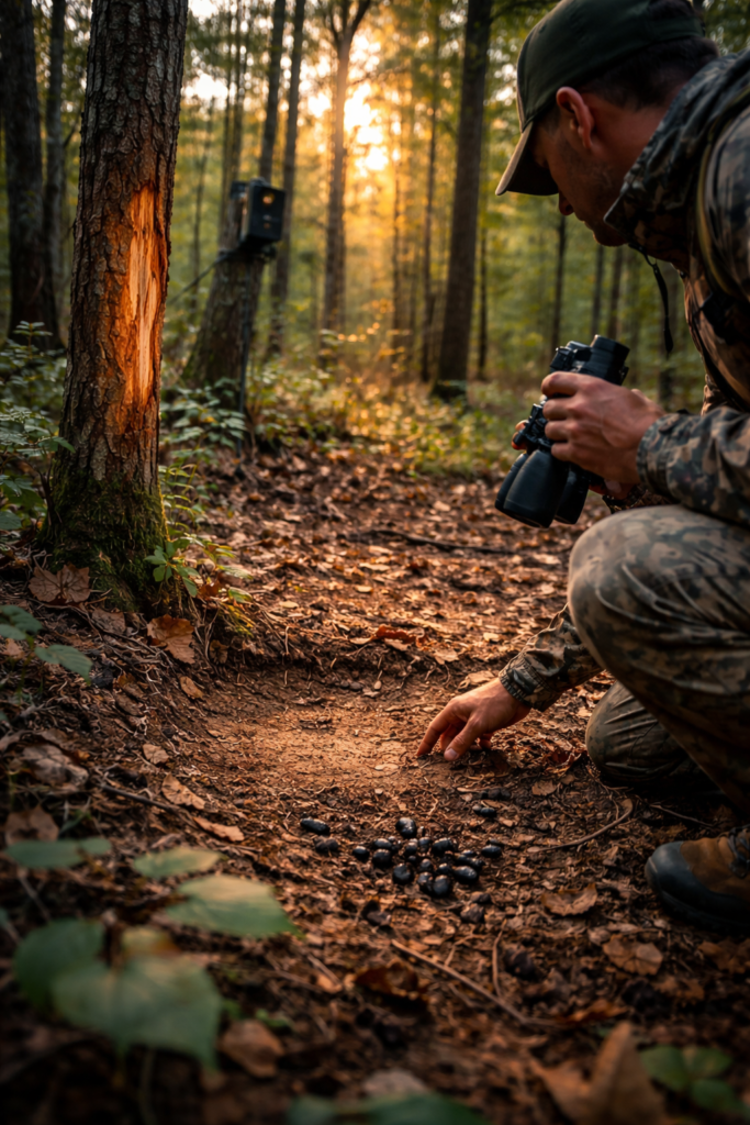 How to Scout for Deer: A Beginner’s Guide to What Actually Matters Hunter kneeling in hardwood forest examining a deer scrape and scat near a fresh rub with trail camera at sunrise.