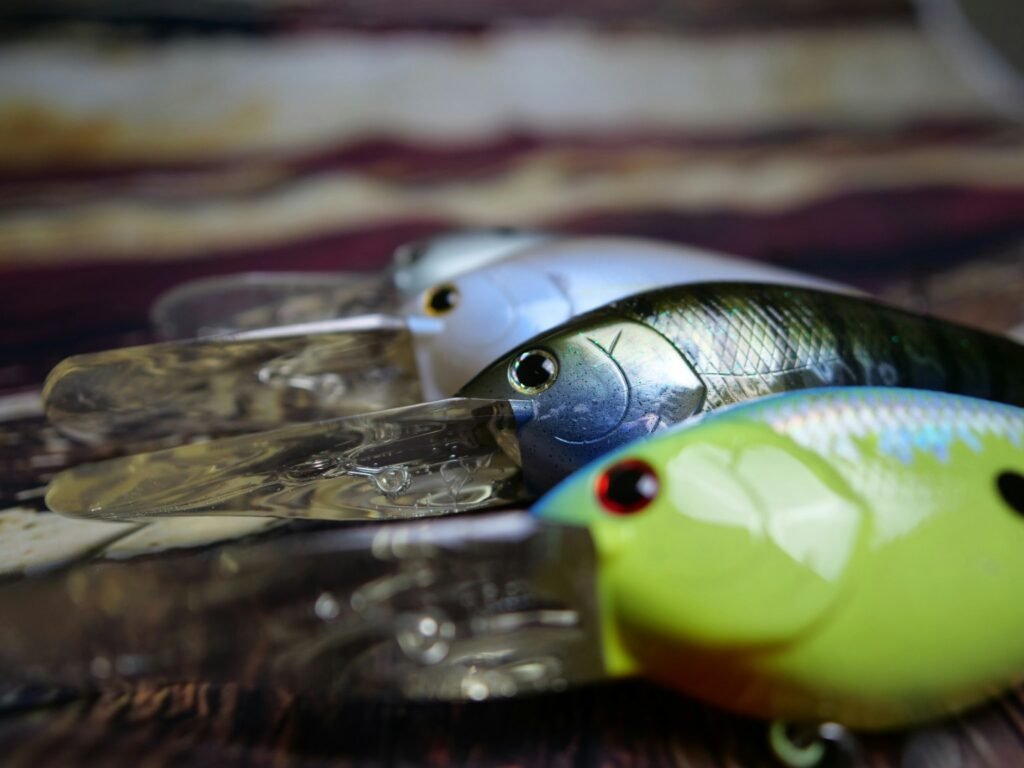 When Fishing Started Feeling Like Work Assorted hard fishing lures lined up on a wooden surface with shallow depth of field