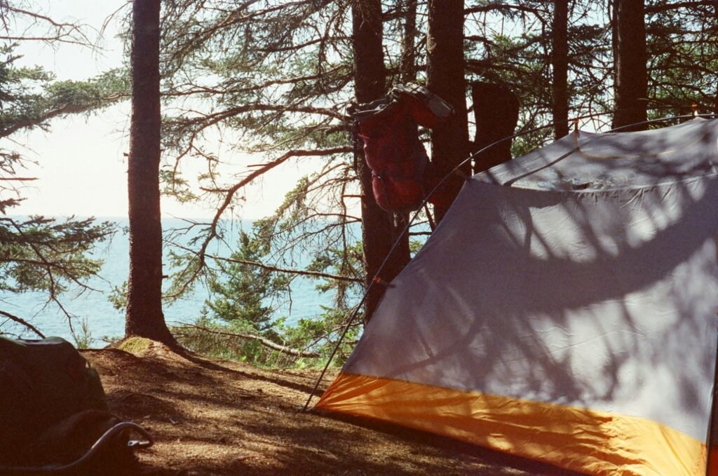 A quiet lakeside campsite with a pitched tent among pine trees, morning light filtering through the forest and water visible in the background.