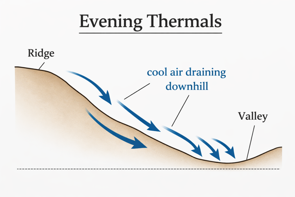 Evening thermals diagram showing cool air draining downhill from ridge into valley in deer hunting terrain