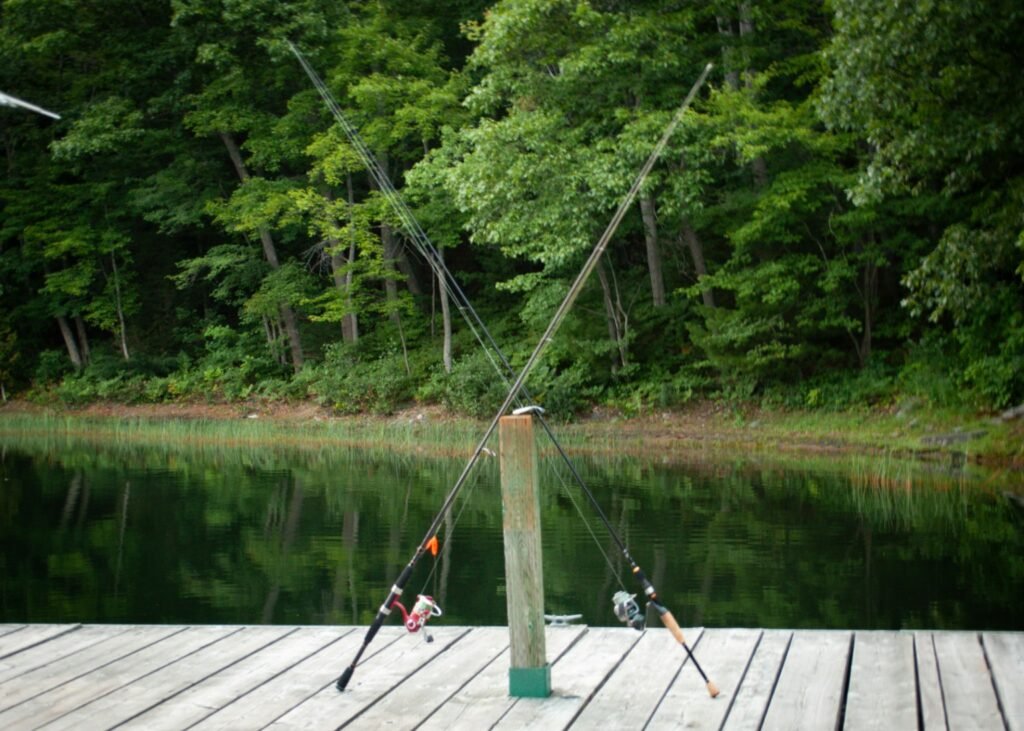 Two fishing rods with spinning reels set up on a dock beside a calm lake