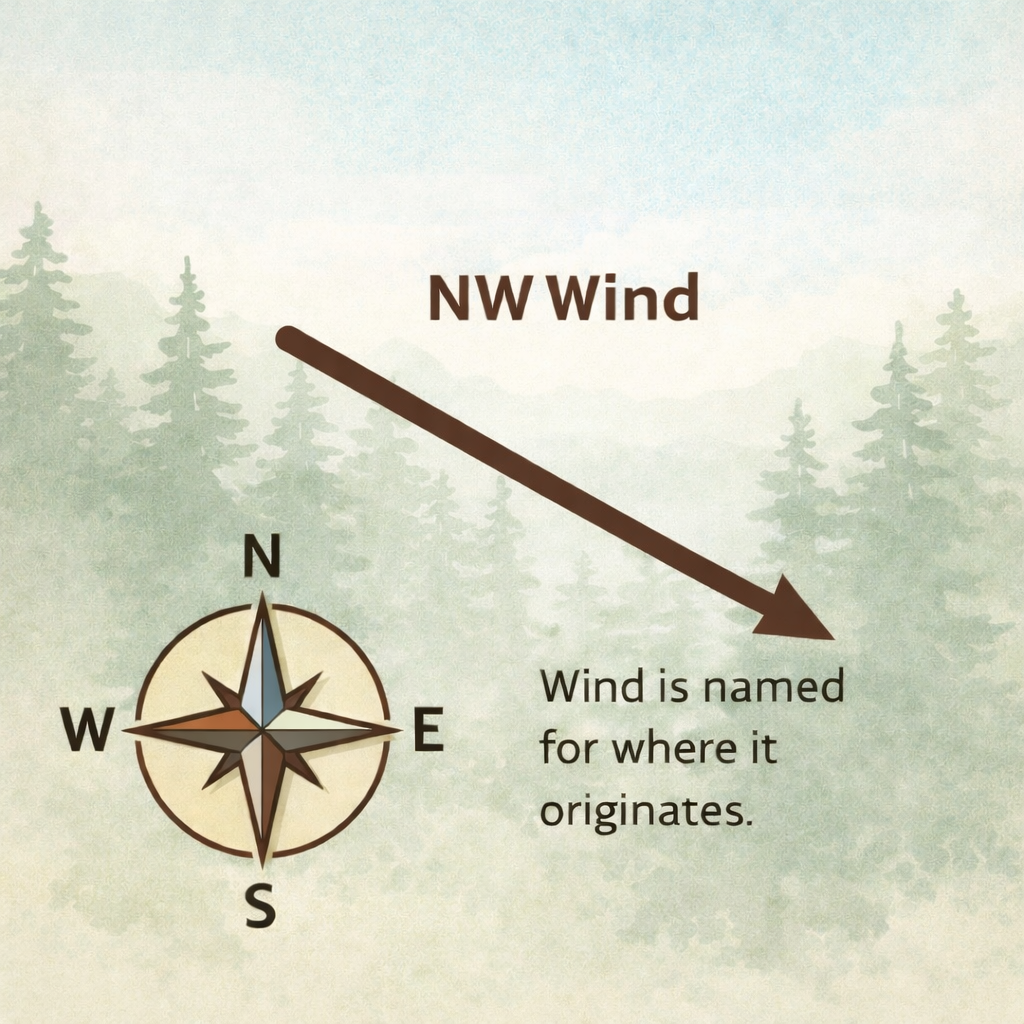 Understanding Wind Direction in Hunting Diagram showing a northwest wind blowing from the northwest toward the southeast with compass reference.