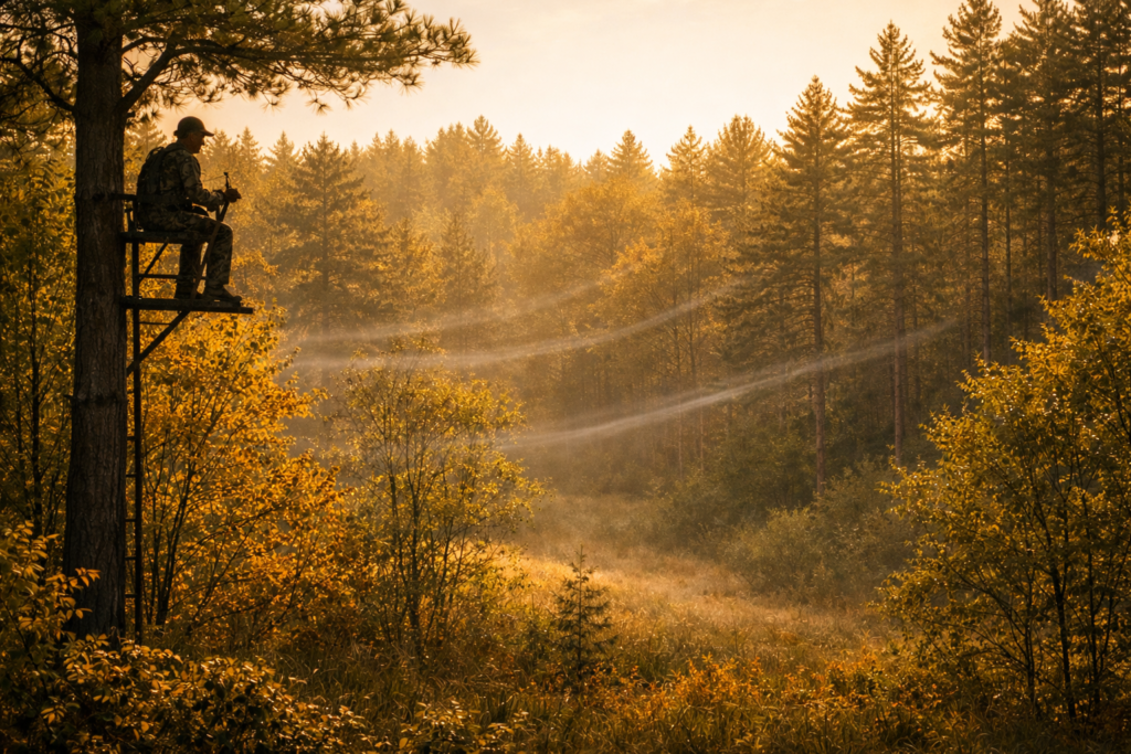 How Wind Direction Affects Deer Movement (And How to Hunt It Correctly) Hunter in a tree stand at golden hour with subtle wind moving across a wooded valley.