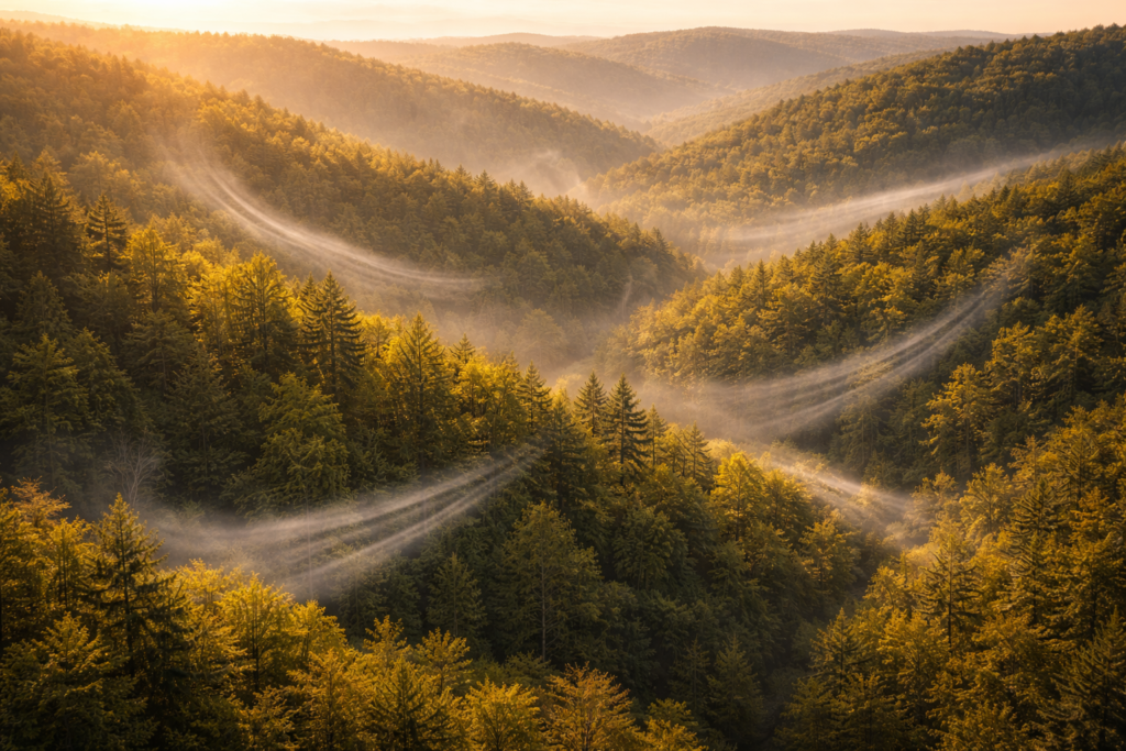 Hunter studying wind and thermals in ridge and valley deer hunting terrain