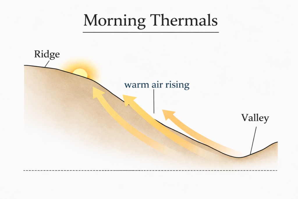 Morning thermals diagram showing warm air rising uphill from valley to ridge in deer hunting terrain