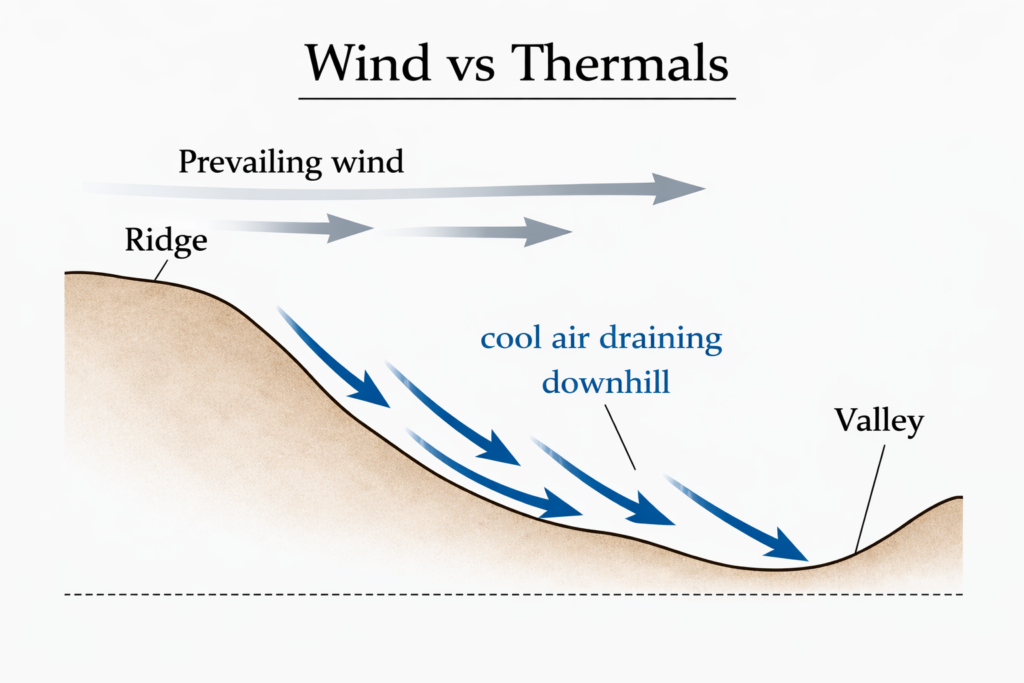 Diagram explaining difference between wind and thermals in deer hunting terrain