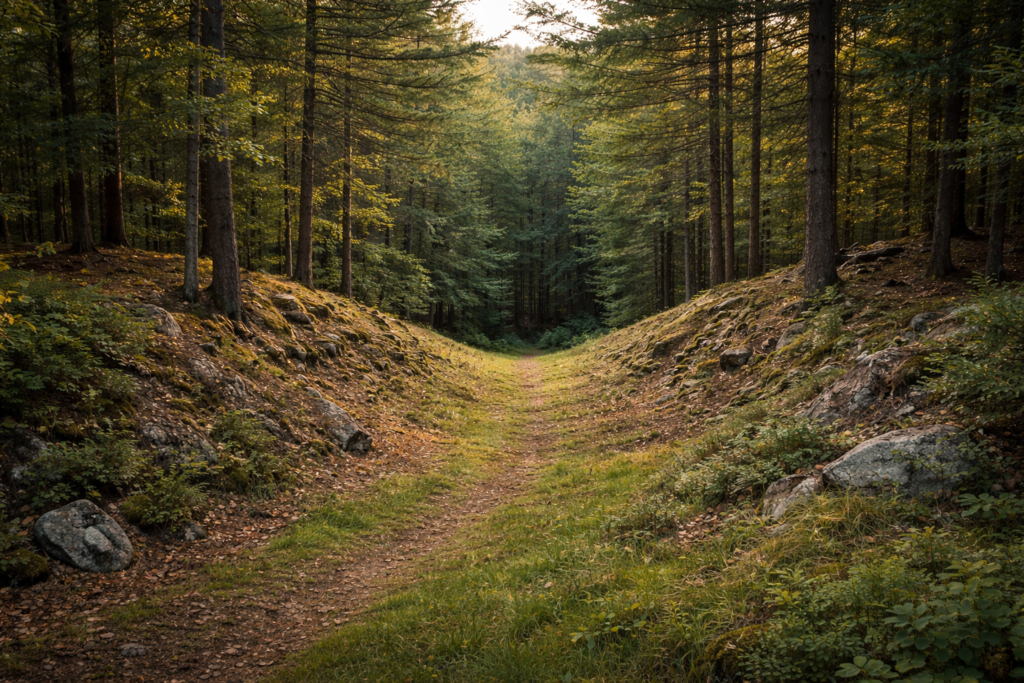 Natural saddle between two ridges in forest terrain commonly used as a deer travel crossing