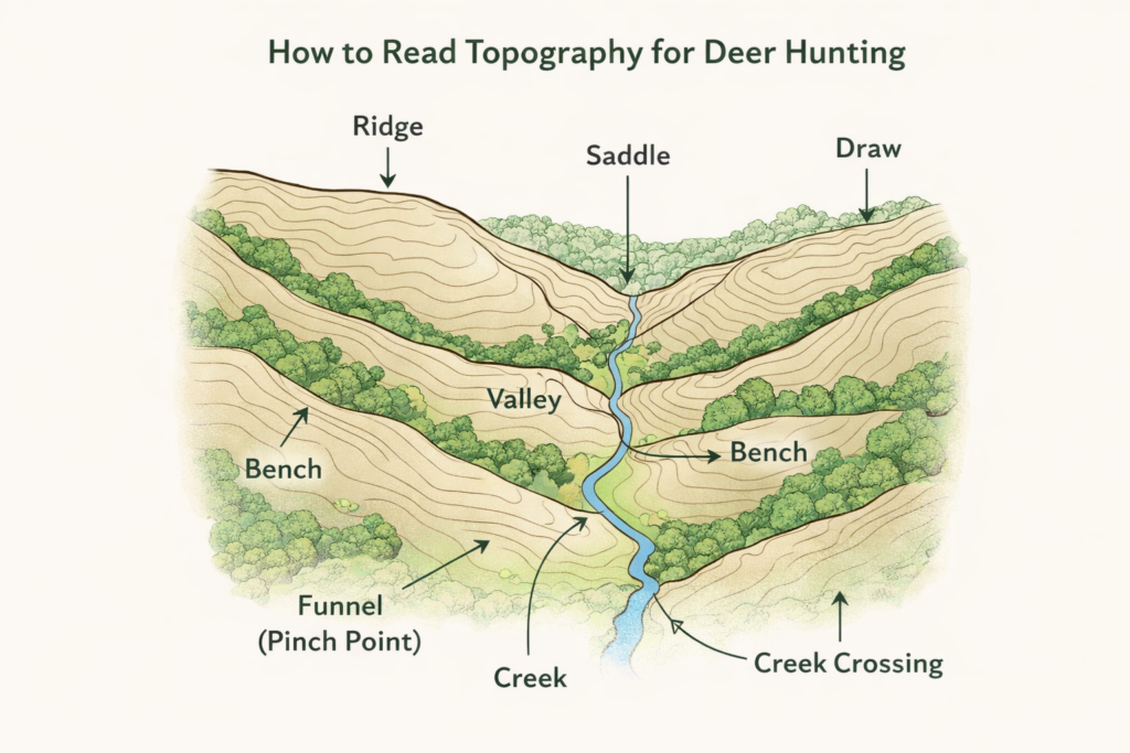 How to Read Topography for Deer Hunting Diagram Diagram showing how to read topography for deer hunting including ridges, valleys, and saddle terrain features