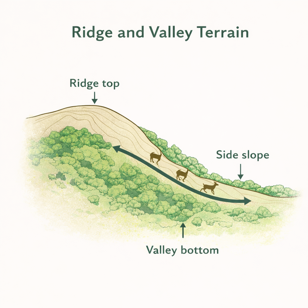 Ridge and Valley Terrain Diagram for Deer Hunting Educational diagram showing ridge top, side slope, and valley bottom with deer travel along the ridge side