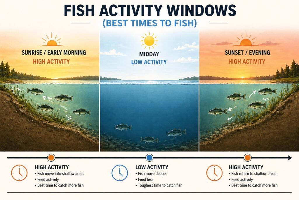 When fish are most active diagram showing sunrise midday and sunset fishing activity