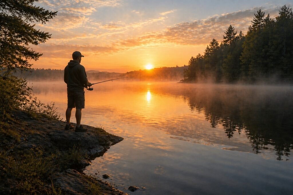 angler fishing at sunrise on calm lake showing best time when fish are most active